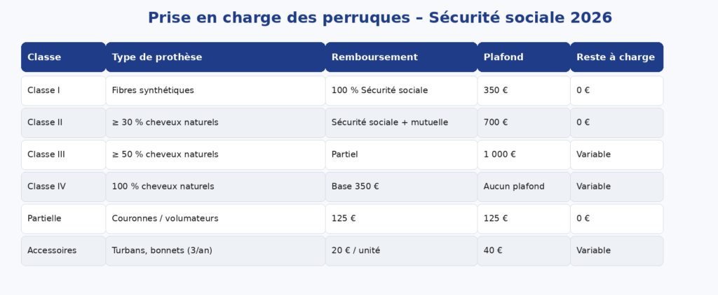 Tableau prise en charge des perruques en 2026 par la CPAM et mutuelle